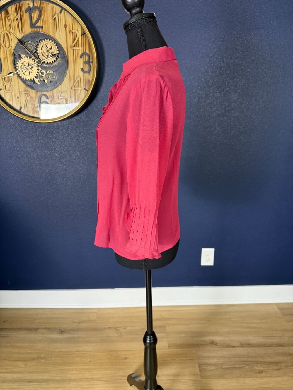 Max Studio Raspberry Silk Pintuck Ruffle Collar Button Down Blouse | S - Picture 5 of 8